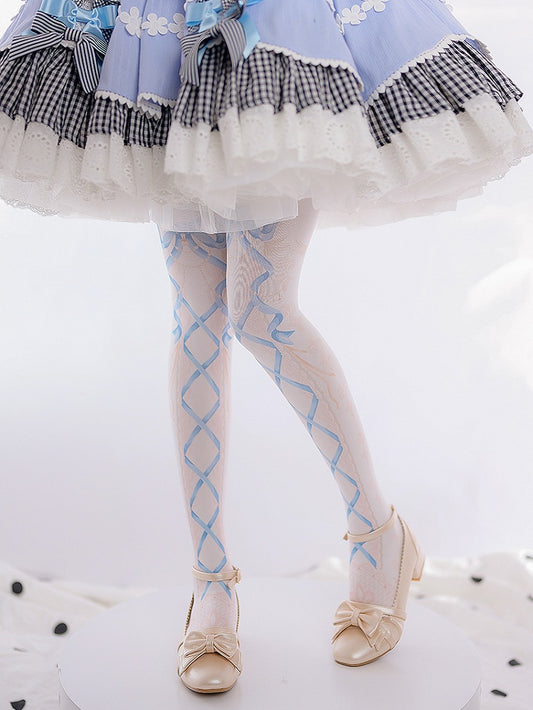 Pink/Blue Ribbon Print Sweet Lolita Tights