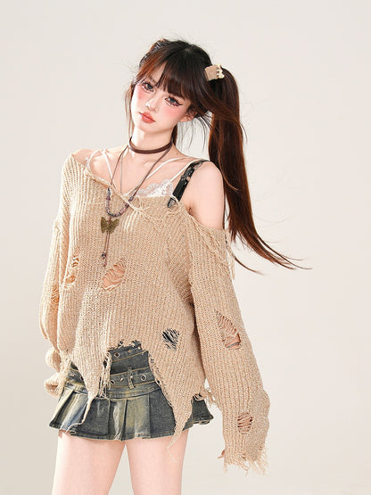 Khaki Asymmetrical Neckline and Hem Distressed Holes Wasteland Punk Knitted Top