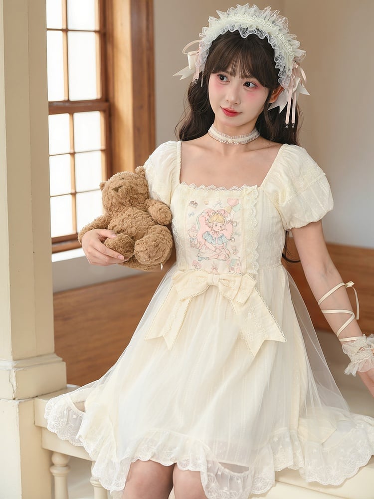 Sweet Fairy Tale Print Apricot Square Neckline and Short Puff Sleeves Big Bow Waist Casual Lolita Dress