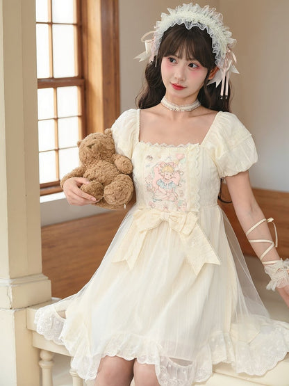 Sweet Fairy Tale Print Apricot Square Neckline and Short Puff Sleeves Big Bow Waist Casual Lolita Dress