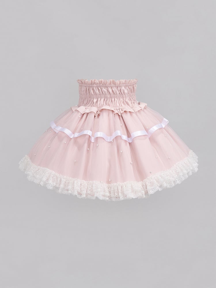 Allover Beads Pink High Waist Jirai Kei Skirt with Lace Up and Shirring Waist