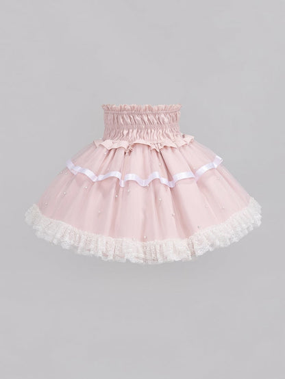 Allover Beads Pink High Waist Jirai Kei Skirt with Lace Up and Shirring Waist