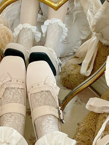 White Sophisticated Lolita Mary Janes - Low-heel/Mid-heel Design with Floral Openwork & Snap Design