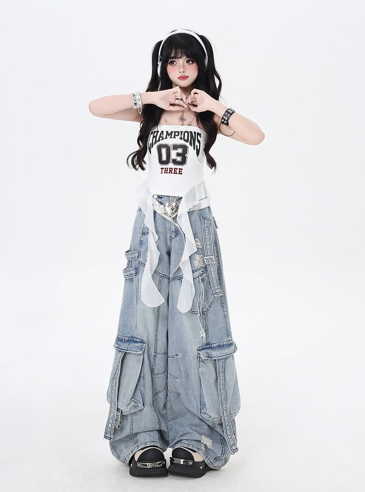 Blue Low Rise Distressed Holes Wide-leg Cargo Jeans