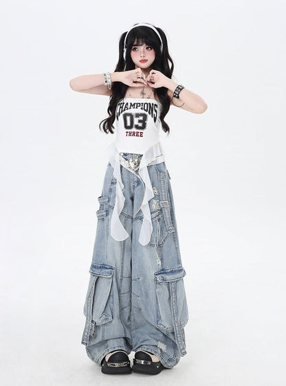 Blue Low Rise Distressed Holes Wide-leg Cargo Jeans