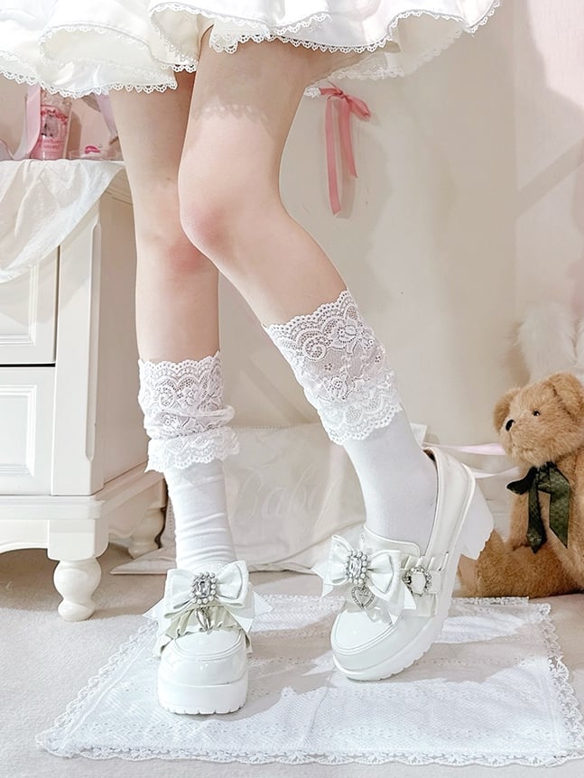 PU Leather Polished White Jirai Kei 7.5cm High Heels with Rhinestone Bead Bow, Ruffles Edging & Slip-On Comfort