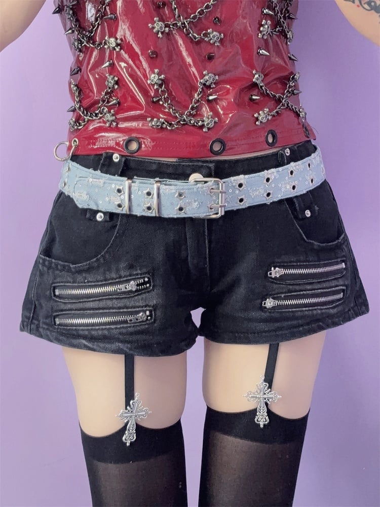 Punk Glitter Stud Waist Belt with Twin Buckles – 7 Colors