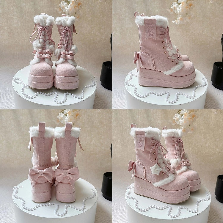 Pink Sweet Lolita Platform Boots - Plush Star & Heart Charm Laces with Bow Accents