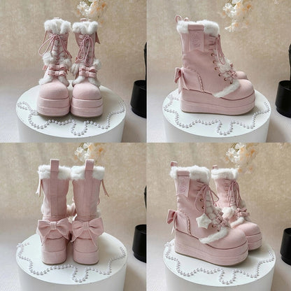 Pink Sweet Lolita Platform Boots - Plush Star & Heart Charm Laces with Bow Accents
