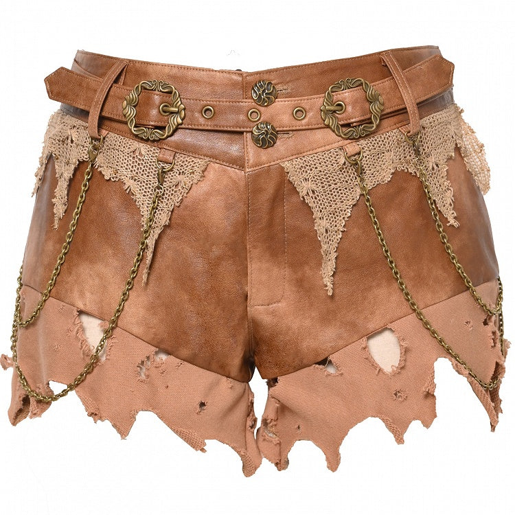 Brown Distressed Low Waist Wasteland Punk Shorts with Chain Accents