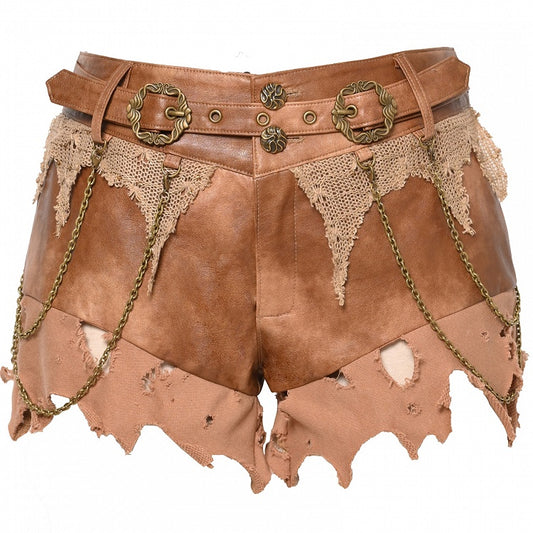 Brown Distressed Low Waist Wasteland Punk Shorts with Chain Accents