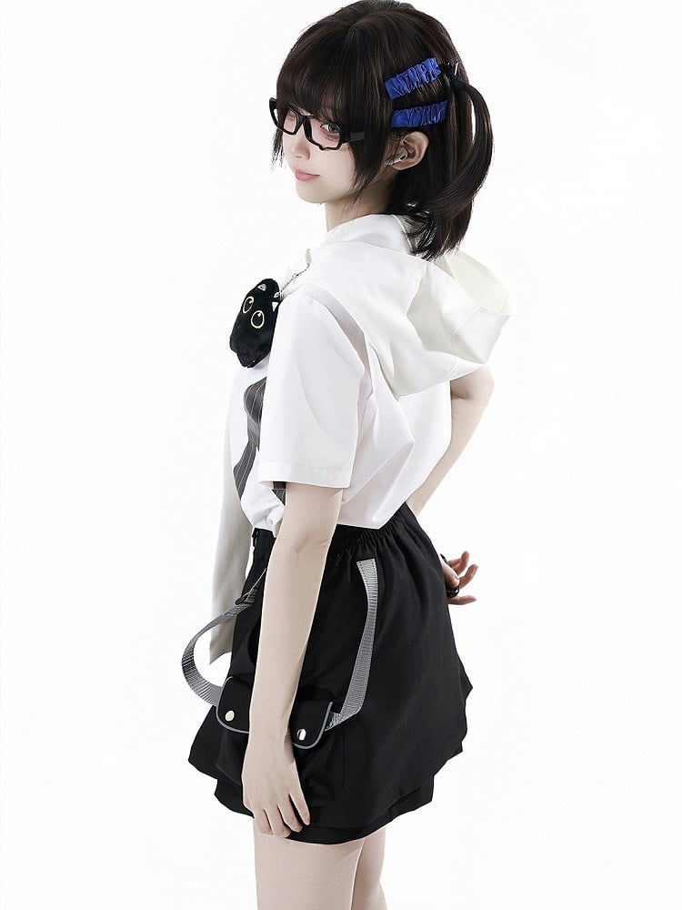 Black and Gray Striped Colorblock Design Techwear Necktie Design Hooded Shirt with Kitty Plushie