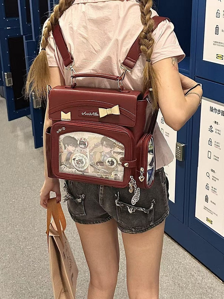 Wine Red 2-Way Ita Bag With Transparent Window And Bow Decoration