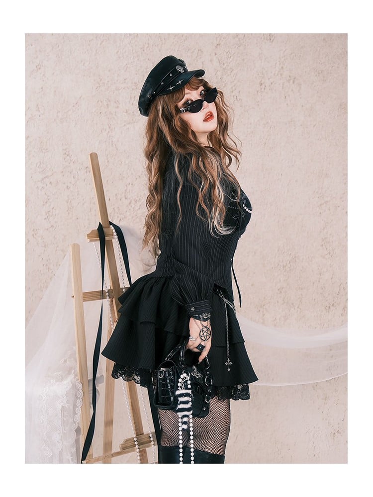 Plus Size Black Y2K Gothic Striped Top with Cross Charms & Bead Chains