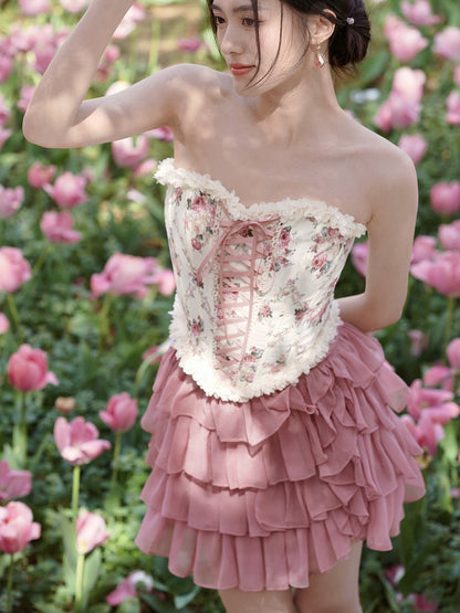 Lace-up Front and Back Floral Print Balletcore Boned Croset Top