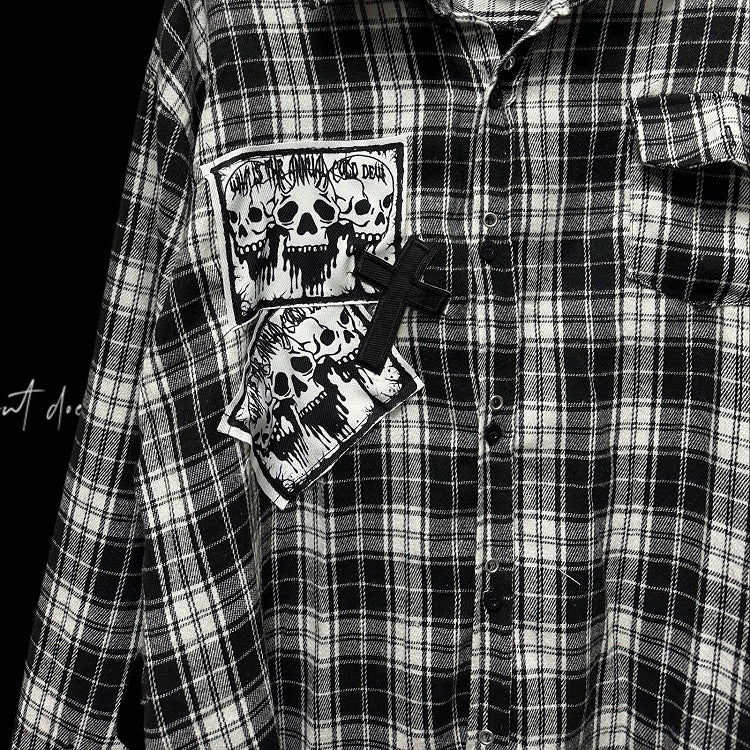 Punk Rock Skeleton and Cross Appliques Black & White Plaid Shirt