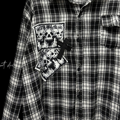 Punk Rock Skeleton and Cross Appliques Black & White Plaid Shirt