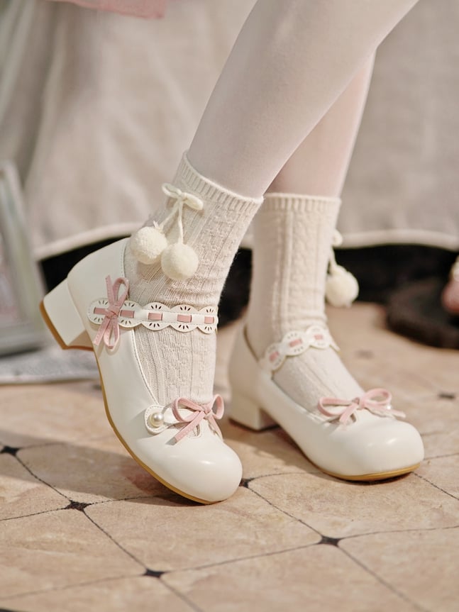 White Beaded Decorated Knotted Bow at Top Round Toe Lolita Shoes