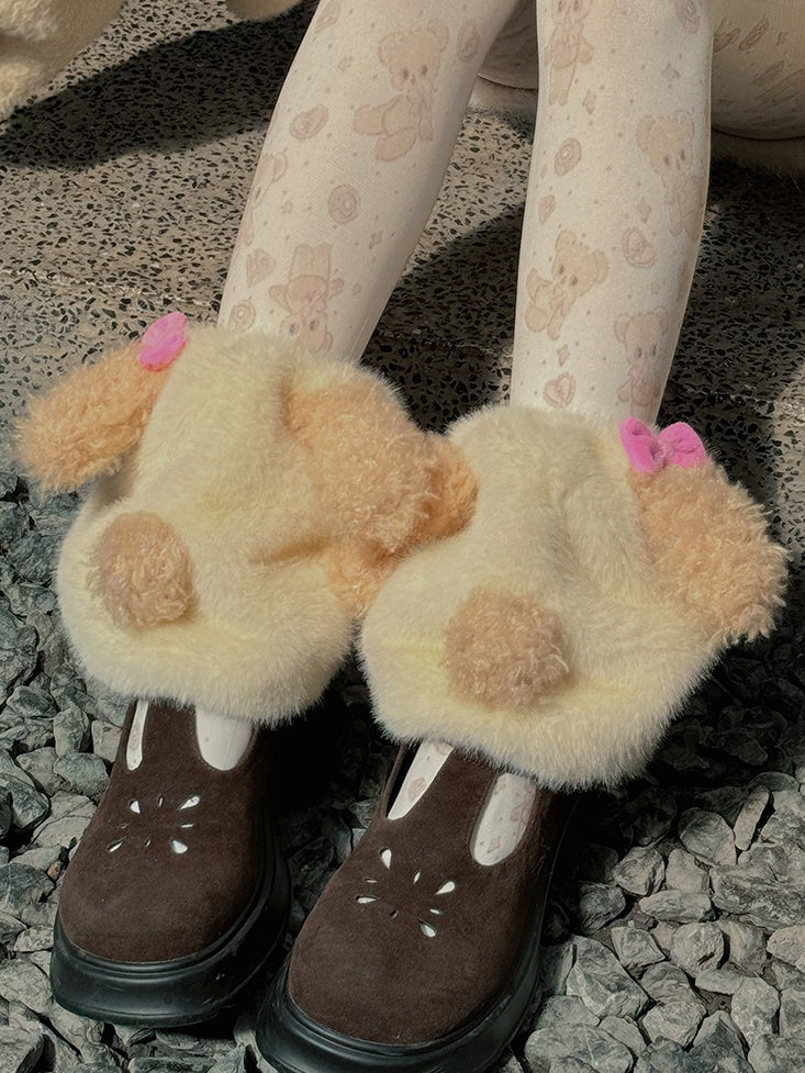 Creamy Yellow Sweet Puppy Bowknot Plush Leg Warmers