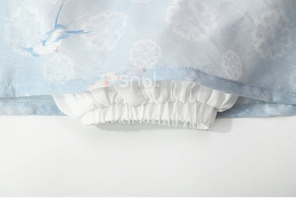 Floral Print Gradient Blue Chiffon Wide Leg Pants