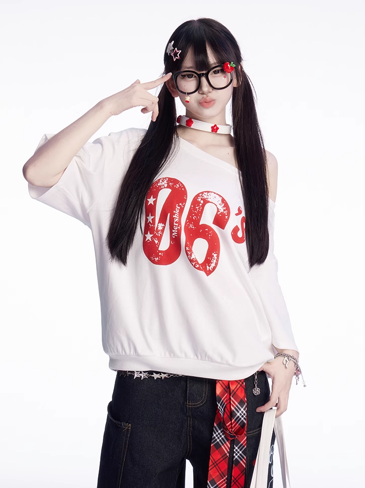 Vintage Number Print White Asymmetrical Neckline T-shirt