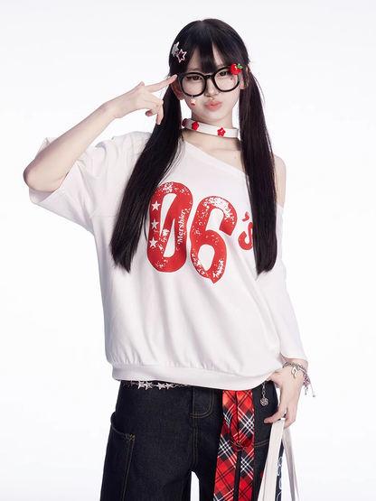 Vintage Number Print White Asymmetrical Neckline T-shirt