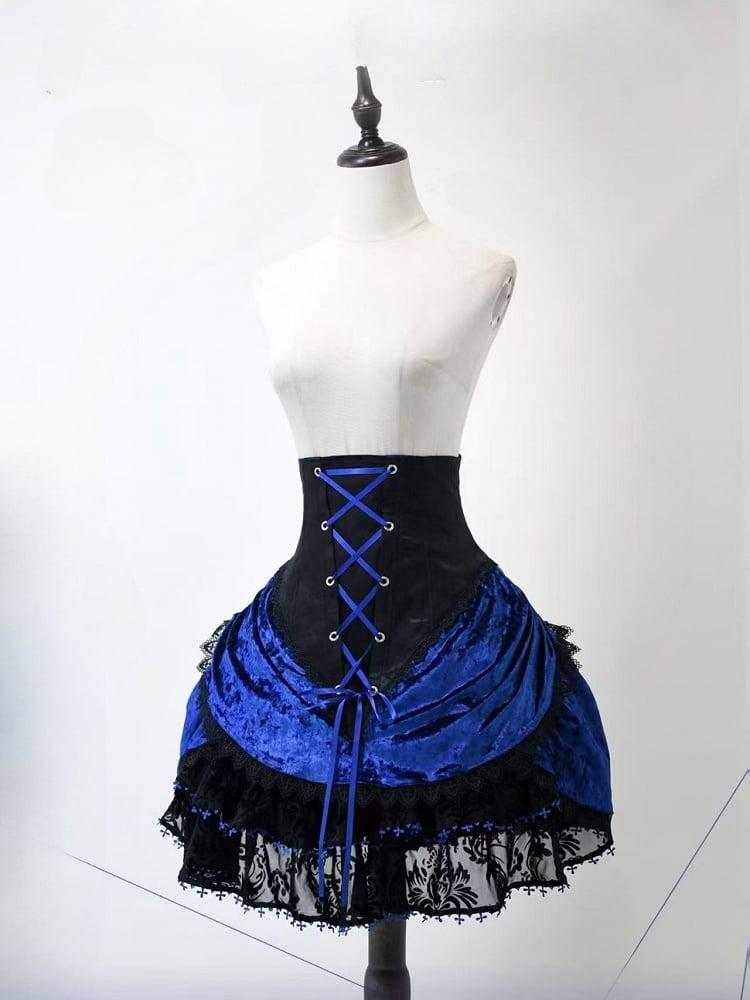 Boned Corset Super High Waist Black and Klein Blue Gothic Lolita Skirt