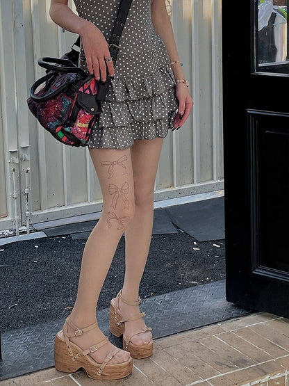 Black/Nude Semi-sheer Bowknot Print Pantyhose