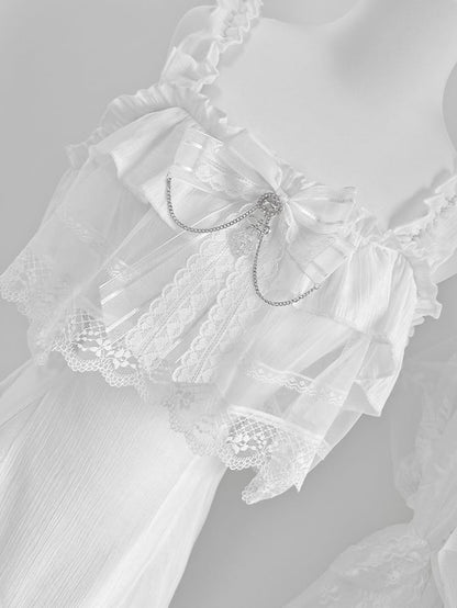 Jirai Kei White Off-the-shoulder Neckline Cape Design Dress with Chains Decorated Bowknot