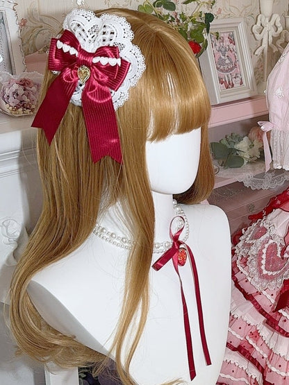 White&Red Heart Charm Lace Detail Bowknot Hairclip