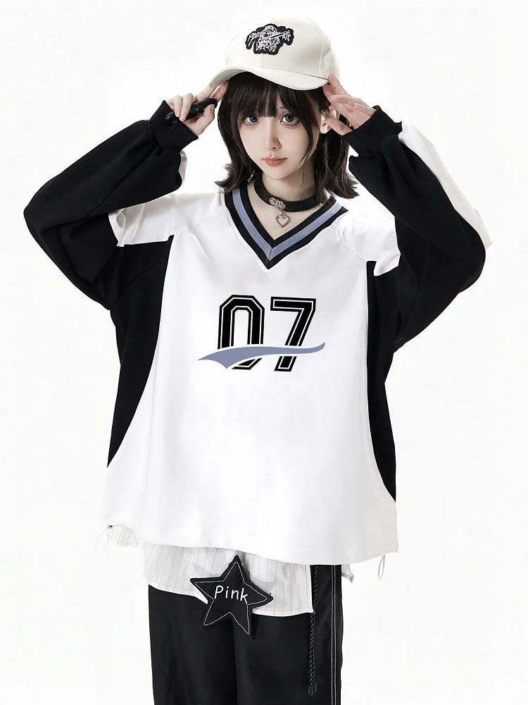 White V-Neck Regular/Back Bow Baseball-Style Sweatshirt with Front Numeric Design