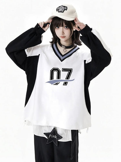 White V-Neck Regular/Back Bow Baseball-Style Sweatshirt with Front Numeric Design