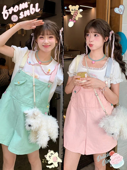 Candy Color Pink/Mint Green Denim Overall Shorts