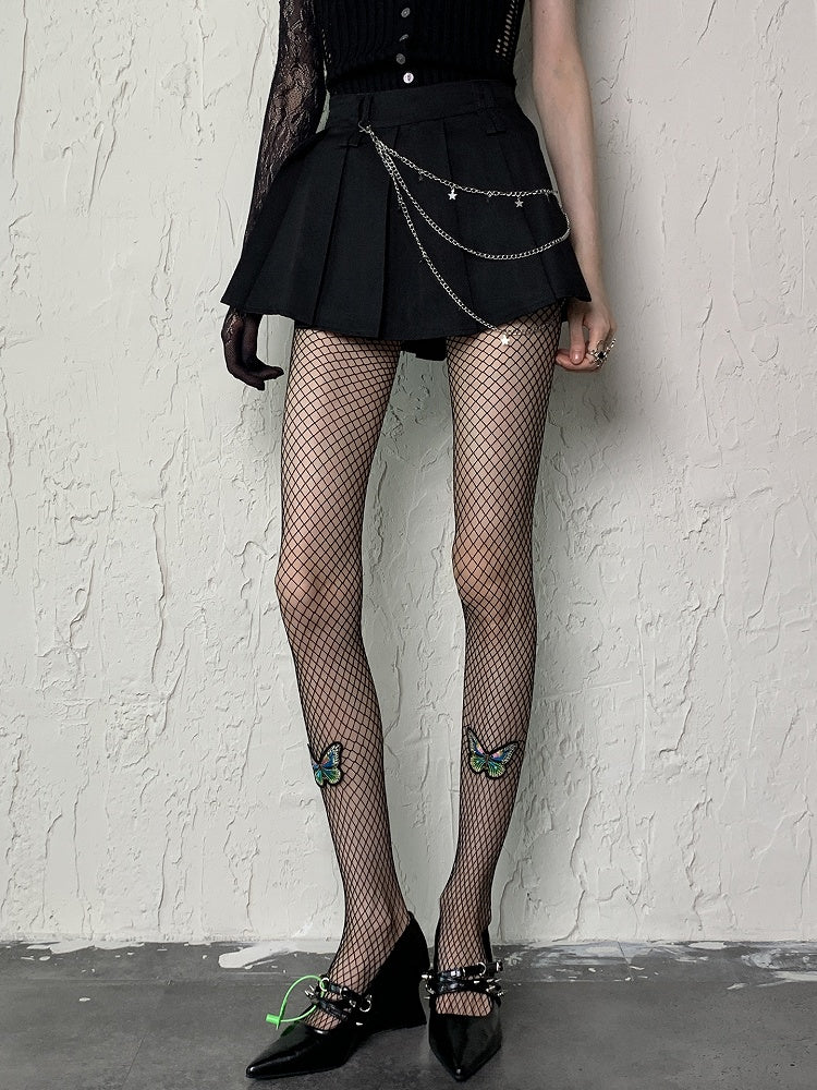 Black Y2K Cut-out Design Fishnet Tights With Butterfly Appliques