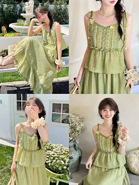 Mori Kei Green Knitted Floral Accents Cami Top