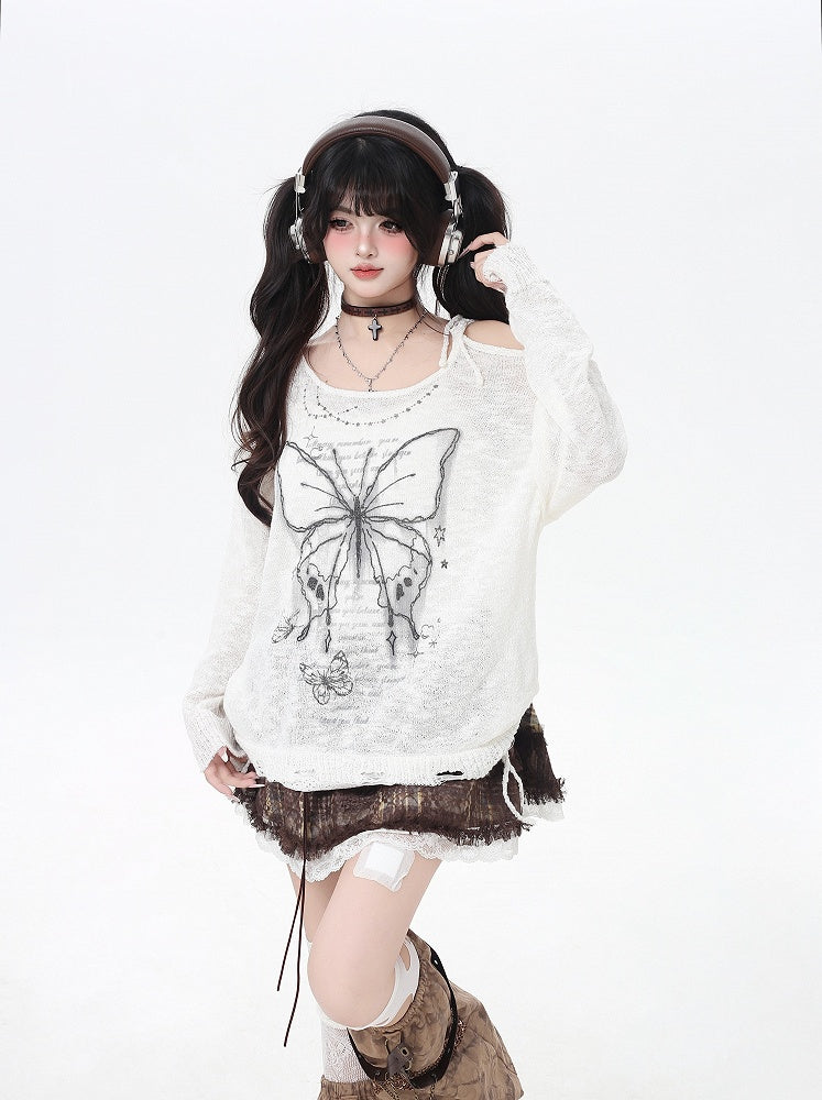 Butterfly Print Cutout Shoulder Lace Trim Black/Beige Knit Coverup