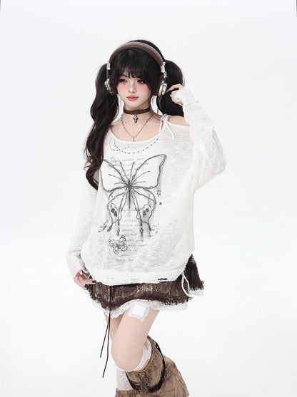Butterfly Print Cutout Shoulder Lace Trim Black/Beige Knit Coverup
