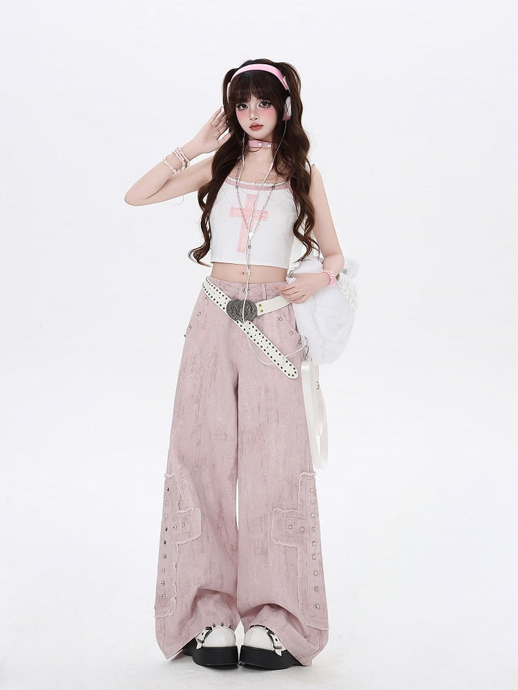 Light Pink Low Waist Studded Cross Appliques Wide-Leg Jeans