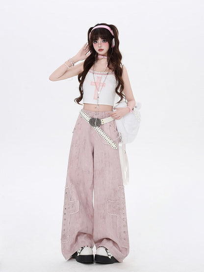 Light Pink Low Waist Studded Cross Appliques Wide-Leg Jeans
