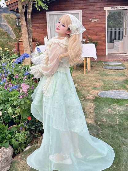 Plus Size Lace Trim Beige Self-tie Straps Long Sleeves Top