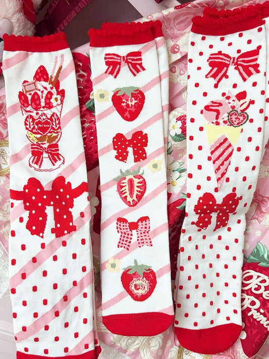Strawberry Ice Cream Lolita Polka-dot Pattern Ruffled Cuff Calf socks