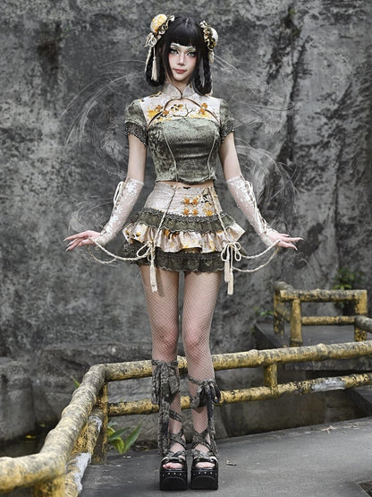 Dusty Green Cheongsam Style Collar Goth Top Bead Tassel Cuffs