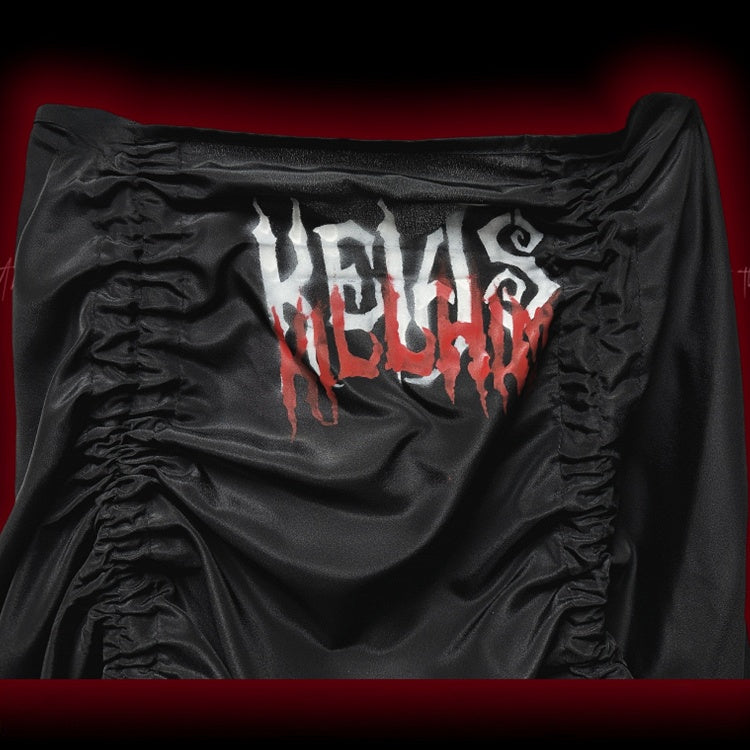 Gothic Black Letters Print Ruched Design High-low Punk Skirt with Free Cross Charms Waist Chain