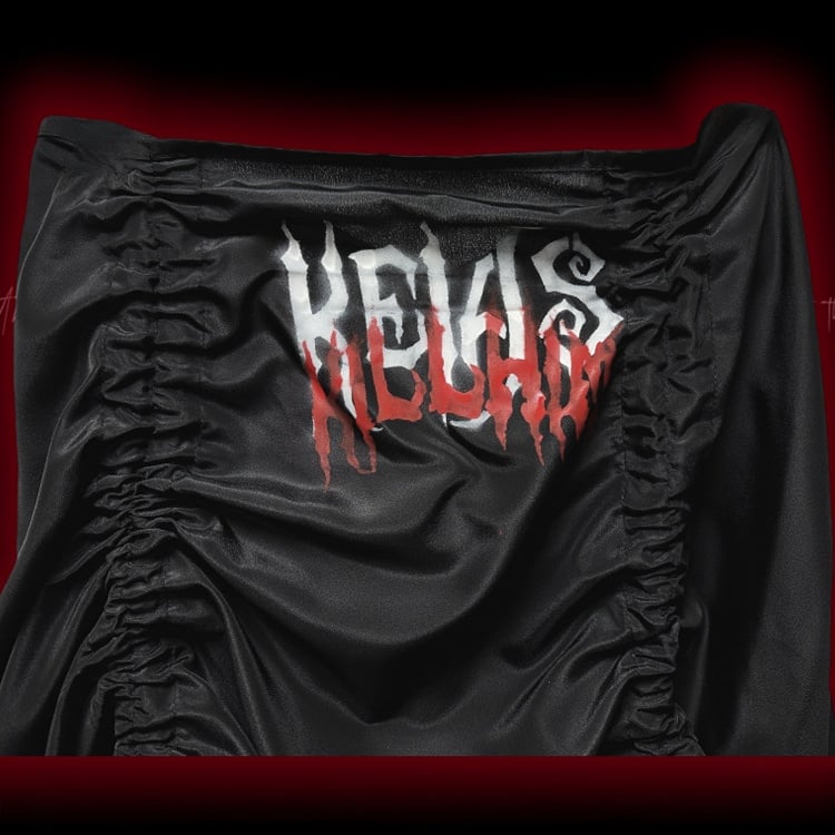 Gothic Black Letters Print Ruched Design High-low Punk Skirt with Free Cross Charms Waist Chain