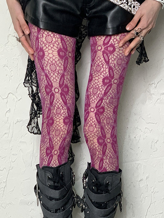 Rose Red Y2K Hollow-out Floral Pattern Tights