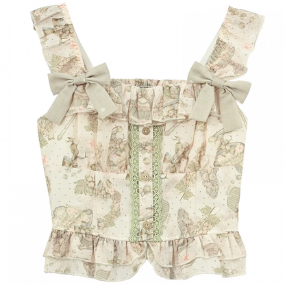 Light Green Vintage Grape Print Sleeveless Top with Detachable Bowknots