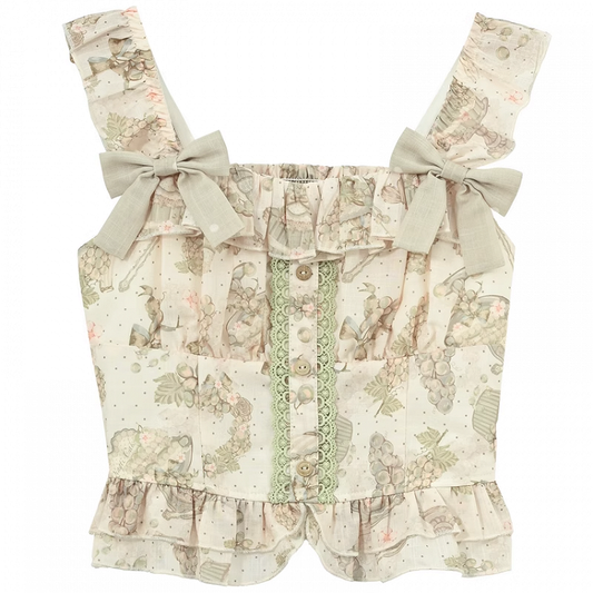 Light Green Vintage Grape Print Sleeveless Top with Detachable Bowknots