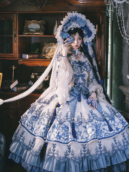 Butterfly Fabric Blue and White Porcelain Embroidery Chinoiserie Style Lolita Dress Long Version