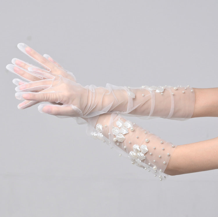 Artificial Pearls and Sea Shells Decorated White Tulle Gloves