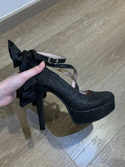 Glittering Black Detachable Bow Hime Lolita Platform High Block Heels